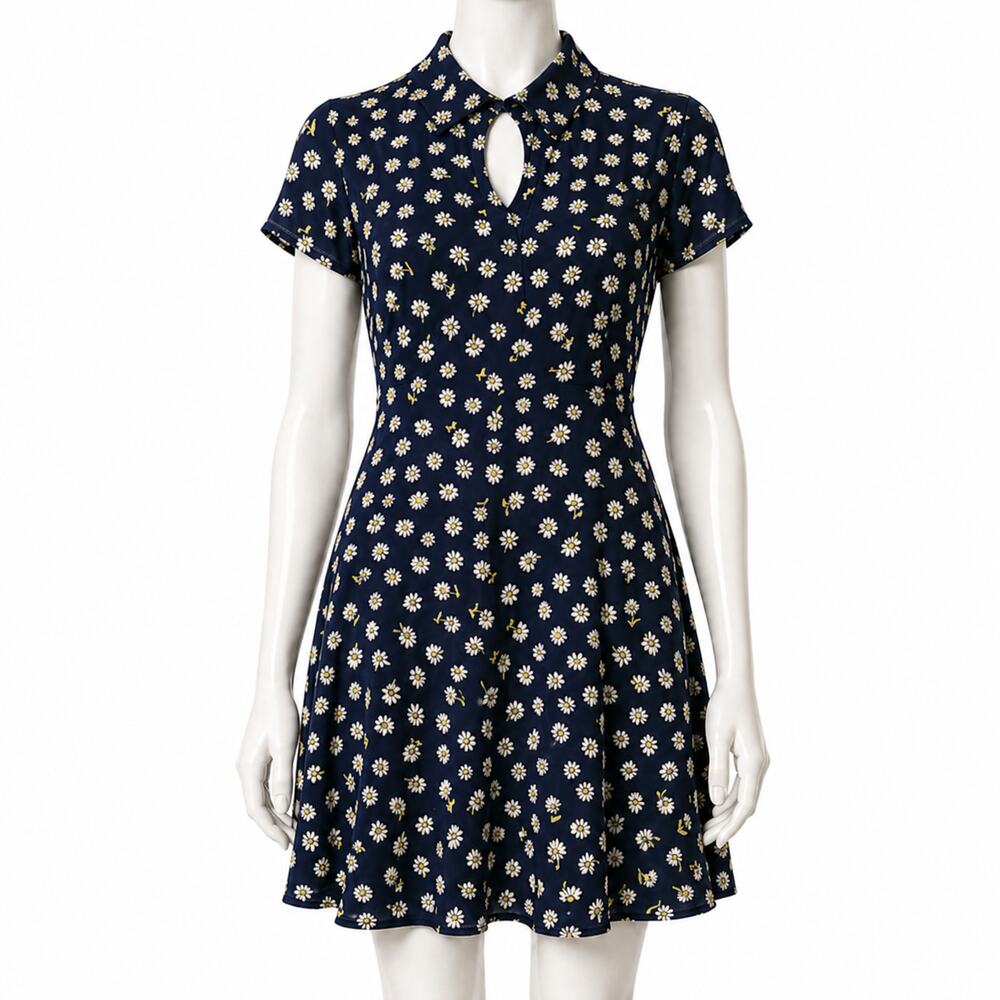 Vintage Express Navy Daisy Print Dress Collared Rayon Small